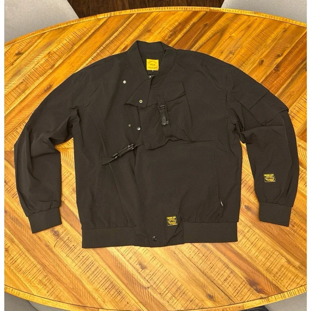 YSLB Men’s Black Multi Pocket Cargo Bomber Jacket Techwear Windbreaker L